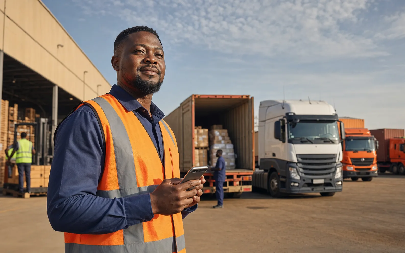 Coordinateur logistique dans une cour de camions en Afrique de l’Ouest